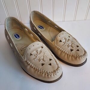 Dr Scholls Women Beige Leather Slip On Loafer Shoes Cutout Comfort 7.5 E61 DA